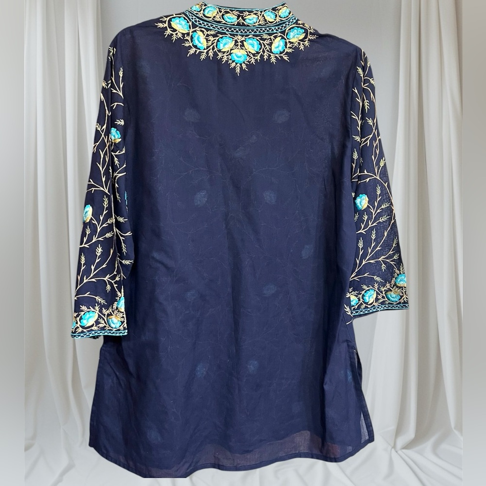 Ritu Kumar Navy Tunic with Turquoise Floral Embroidery sz large linen - Picture 3 of 4